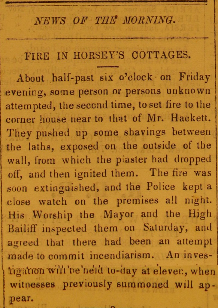 Newspaper: Fire in Horsey's Cottage.