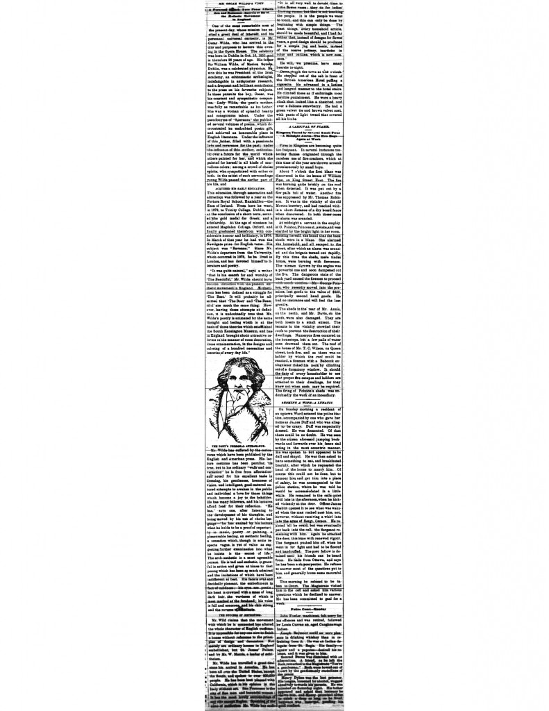 1882 Newspaper Clipping About Oscar Wilde's Lecture