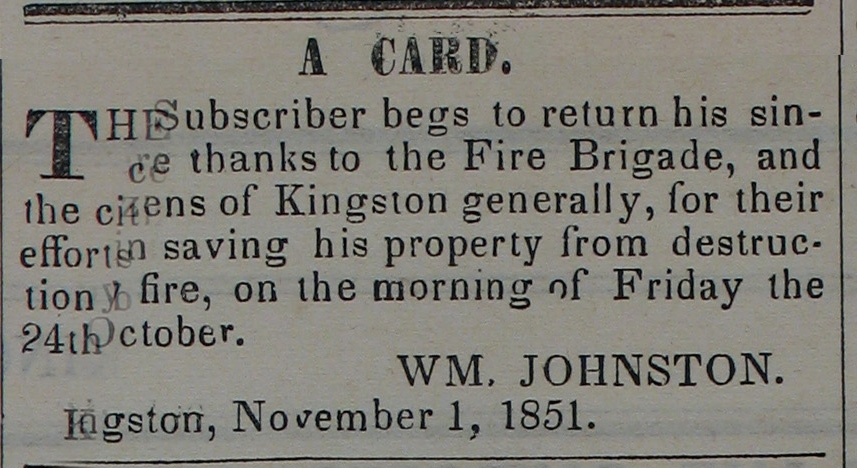 Newspaper: Johnson thanks Fire Brigade (1851)