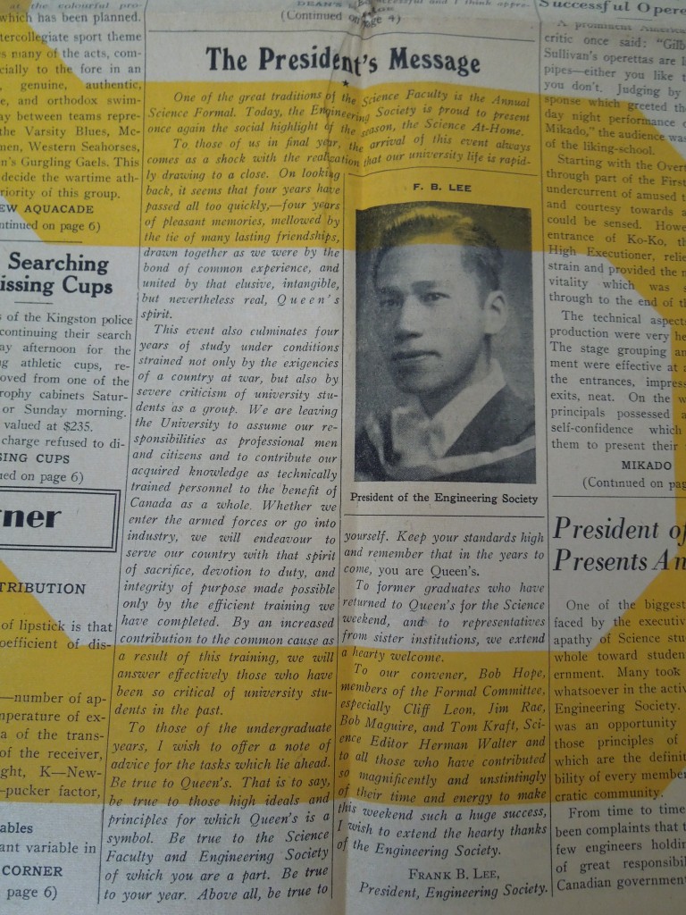 Queen's Journal, Feb 16 1945, F.B. Lee, The President's Message