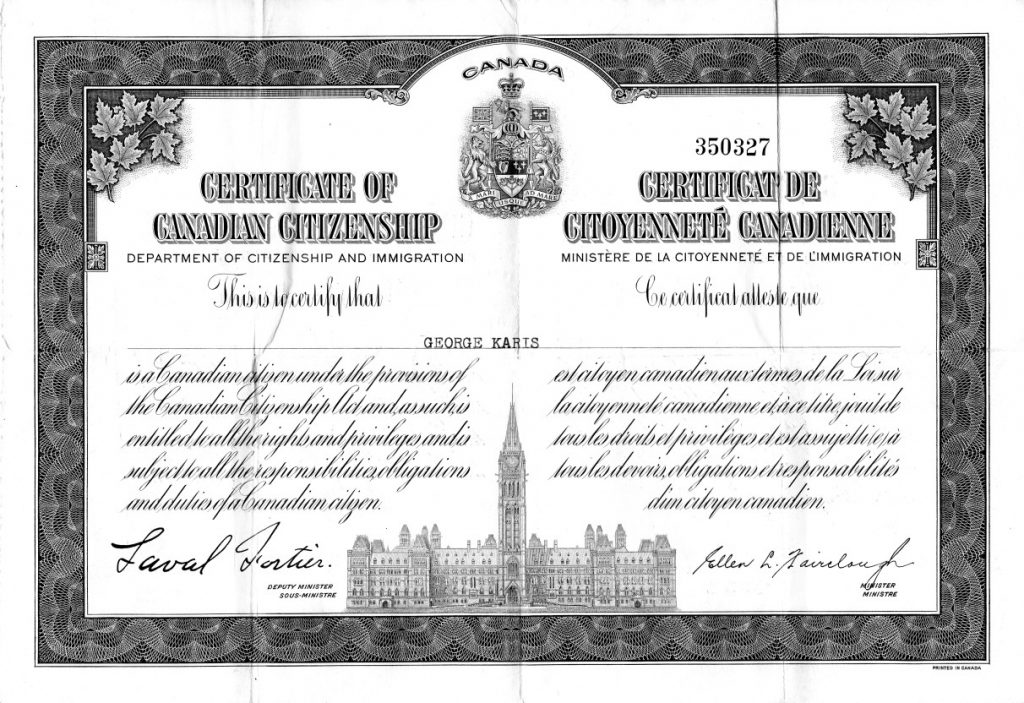 George Karis's Certificate of Canadian Citizenship.