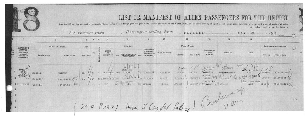 This is the passenger description of Andrew Sakell, an early Greek in Kingston who first traveled to Chicago by ship, through Elis Island, before ending up in Kingston in the early 20th century.