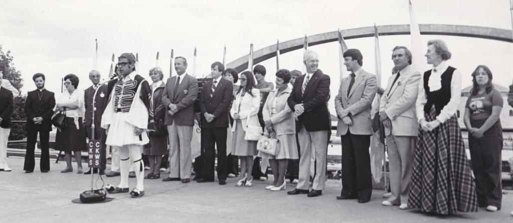 Alex Lampropoulos, who was the president of the Greek Community for many years, speaking across from Kingston’s City Hall for CKWS about Folklore in the 1970s.