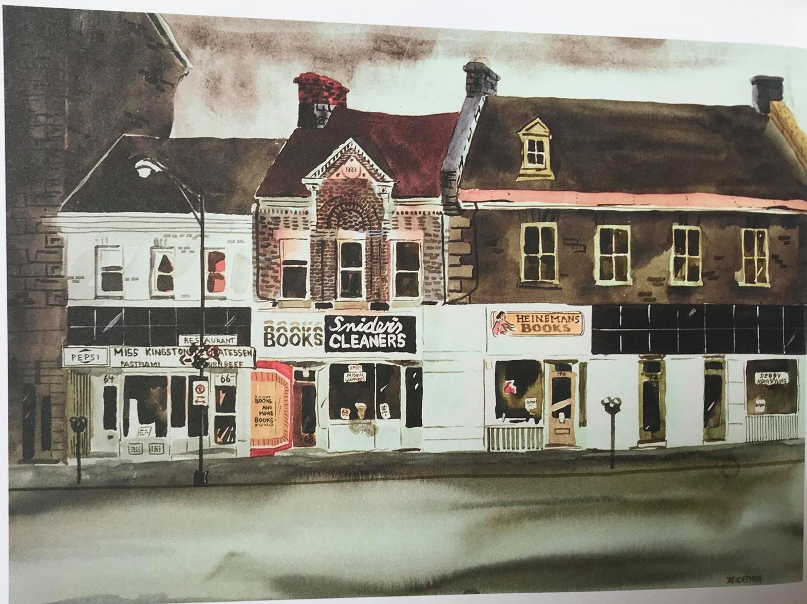 A painting containing a depiction of the Ms Kingston Delicatessen, painted by © Robert A. Blenderman