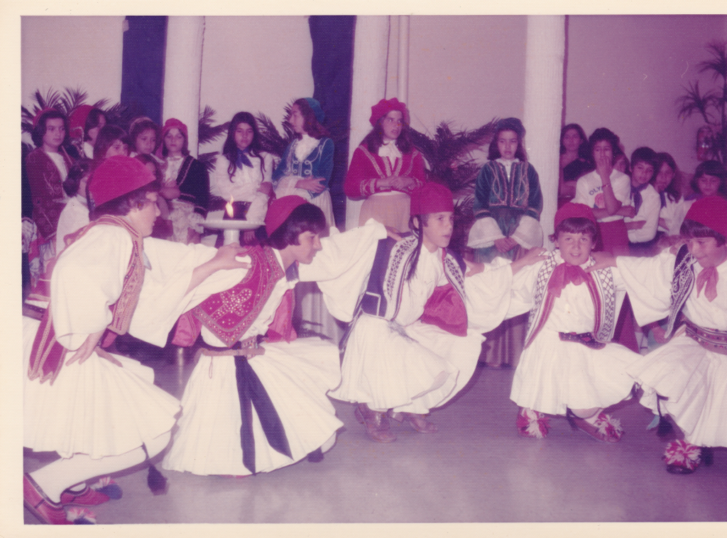 Traditional Greek costumes, worn by youth in the Kingston Greek Community in the 1970’s as they dance a traditional Greek dance. During May 25th celebrations, such traditional Greek dances are preformed in traditional dress, along with the reading of Greek poems and the hosting of a Greek feast attended by many.